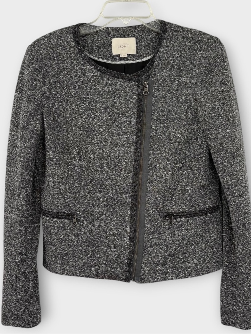 LOFT Full Zip Jacket Blazer Cropped Moto Knit Career Chic in Heather Gray Size 8 - Picture 2 of 7